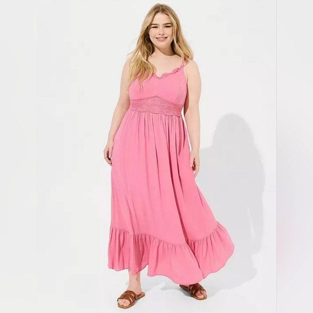 Torrid Maxi Washable Gauze Lace Inset Dress in Chateau Rose, Sz 2x. NWT